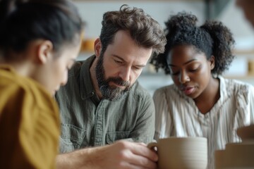 Diverse Team Collaborating on Creative Pottery Project in Studio