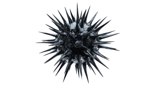 Metallic virus or bacteria with spikes rotating on transparent background
