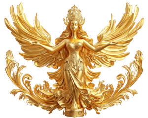 stunning golden goddess statue with elaborate wings and intricate details, symbolizing beauty and grace. This artwork is perfect for decorative purposes or as centerpiece