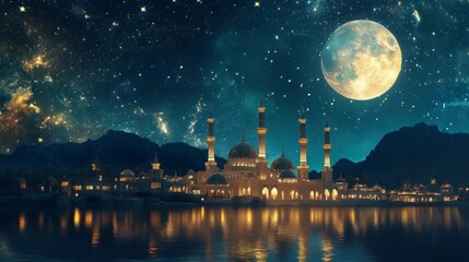 Night Scene of Illuminated Mosque Reflected in Water Under a Large Moon and Starry Sky