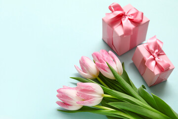 Pink tulips with gift boxes on blue background