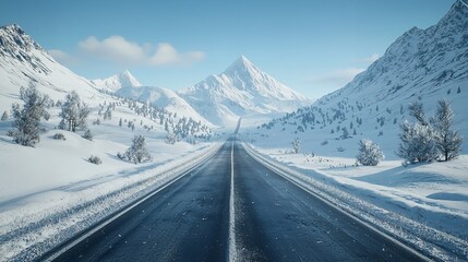 A Scenic Mountain Road Lined with Snow Under a Clear Blue Sky
