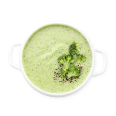 Delicious broccoli cream soup in bowl isolated on white, top view