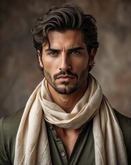 Fototapeta premium Handsome Man with Curly Hair Wearing Scarf in Studio Portrait