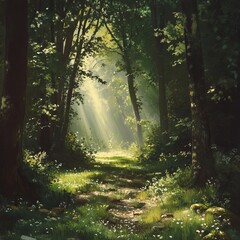 Obraz premium A painting of a forest path with sunlight shining through the trees. The mood of the painting is peaceful and serene