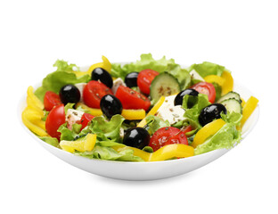 Delicious fresh Greek salad isolated on white