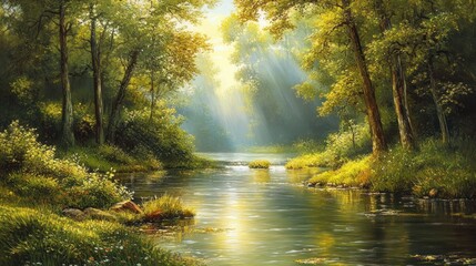 Obraz premium Sunlit forest river, peaceful nature scene, idyllic landscape, calming background, perfect for relaxation
