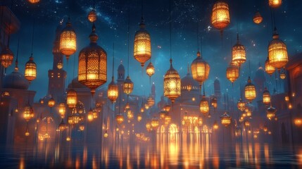 Obraz premium Magical Night Cityscape with Glowing Lanterns and Starry Sky