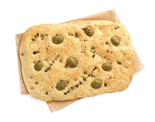 Delicious focaccia bread with olives, salt and thyme isolated on white, top view