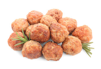Pile of delicious meatballs and rosemary isolated on white