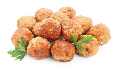 Pile of delicious meatballs and parsley isolated on white