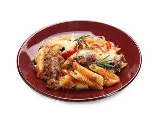 Delicious pasta casserole with cheese, tomatoes, minced meat and rosemary isolated on white