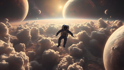 Astronaut floating amidst clouds and planets in space 