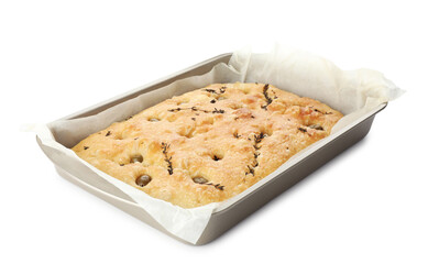 Delicious focaccia bread with olives and thyme in baking dish isolated on white