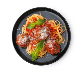 Delicious pasta with meatballs, basil and cheese isolated on white, top view