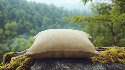 A serene image of a pillow resting on a moss-covered rock amidst a lush green forest, ideal for themes of relaxation and nature.