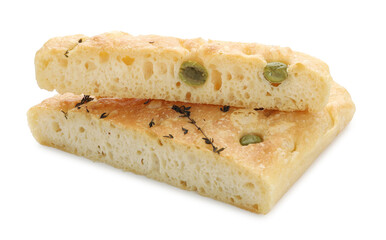 Pieces of delicious focaccia bread with olives and thyme isolated on white
