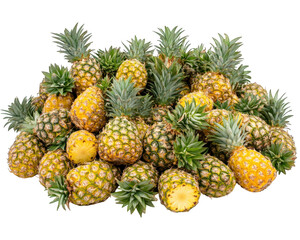 vibrant pile of fresh pineapples with spiky green tops, showcasing their tropical allure and juicy yellow interiors, perfect for summer dishes and drinks