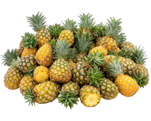 vibrant pile of fresh pineapples with spiky green tops, showcasing their tropical allure and juicy yellow interiors, perfect for summer dishes and drinks