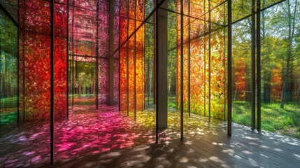 Vibrant Reflections in a Nature-Inspired Glass Pavilion Space