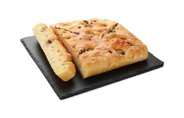 Pieces of delicious focaccia bread with olives and thyme isolated on white