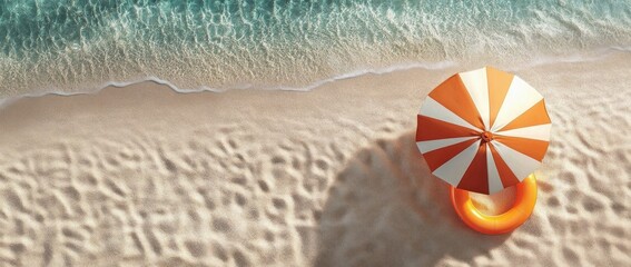 Beach scene with sun umbrella chairs and orange flotation ring on sand summer vacation