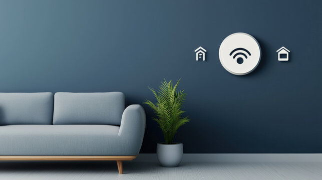 A modern living space featuring a sofa, a decorative plant, and minimalistic wall icons representing home connectivity.