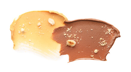 Different nut butters and nuts isolated on white, top view