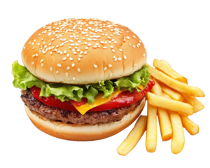 Delicious hamburger with lettuce, tomato, cheese, and fries on transparency background