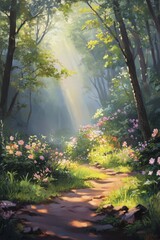 Sunlit Forest Pathway with Flowers