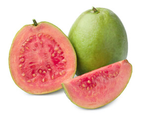 Fresh whole and cut guava fruits isolated on white