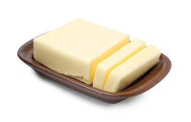 Cut tasty butter in dish isolated on white