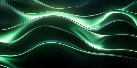 Fototapeta premium Futuristic curved and wavey lines, 3D, reflective, green and black, pattern, 32K, Unreal Engine 5 rendering, cinematic lighting, green neon glow, cyberpunk-inspired aesthetic.