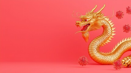 Fototapeta premium Golden Dragon on Coral Red Background - Festive and Elegant Chinese Cultural Art