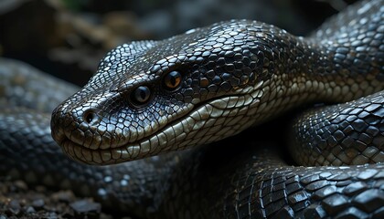 Fototapeta premium Close-Up of a Coiled Black Snake with Detailed Scales. generative AI