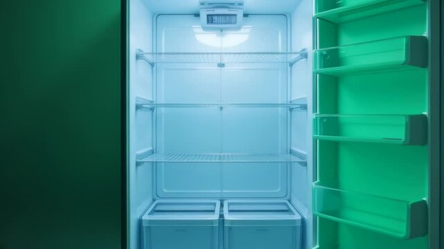 Empty Refrigerator in Green Room: A Minimalist Still Life