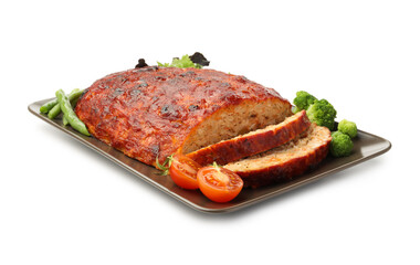 Delicious turkey meatloaf with vegetables isolated on white