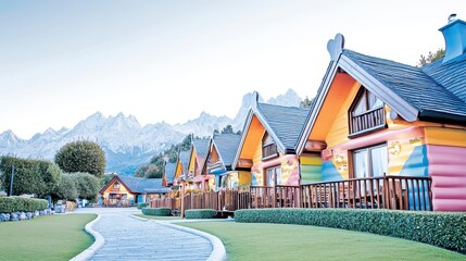 Vibrant Colorful Wooden Houses Mountain Village Pathway Landscape