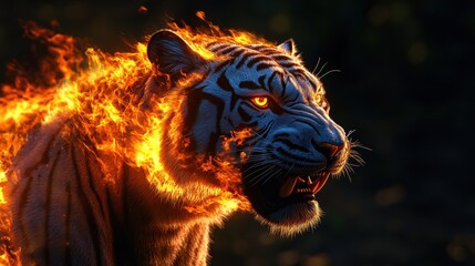 Fiery Tiger in Intense Blaze with Striking Orange Flames and Darkness
