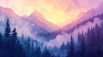 Obraz premium Misty Mountain Majesty: A Serene Sunrise in the Alpine Forest