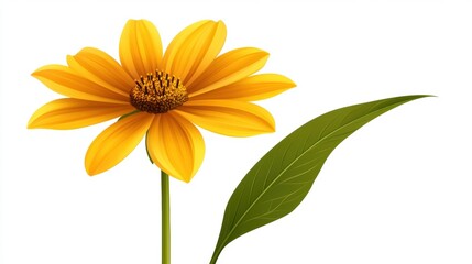 Bright Yellow Flower with Green Leaf on White Background