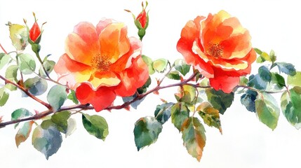 Vibrant Watercolor Roses with Green Leaves on White Background