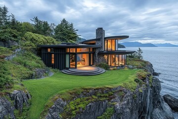 Modern luxury cliffside house overlooking tranquil ocean at dusk