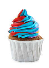 Tasty cupcake with colorful cream isolated on white