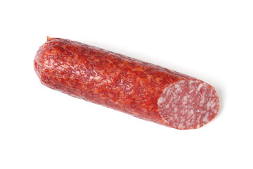 Piece of delicious smoked sausage isolated on white, top view