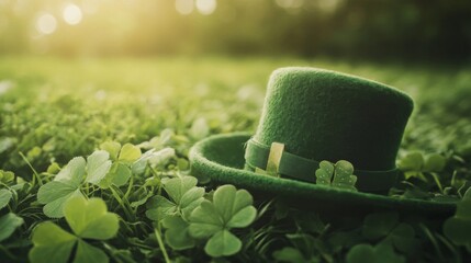 Green Leprechaun Hat Resting on a Field of Shamrocks