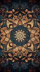 Intricate Mandala Design in Gold and Blue Tones with Floral Elements