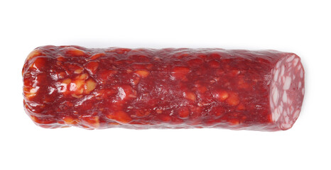 Piece of delicious dry cured sausage isolated on white, top view