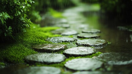 Fototapeta premium Rainy day, stone path, moss garden, zen, tranquility