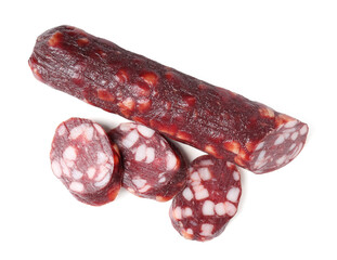 Delicious dry cured sausage isolated on white, top view
